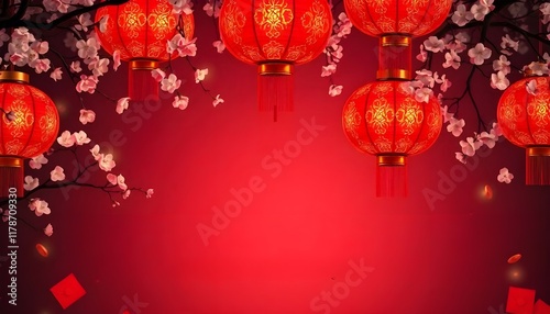 Chinese new year background with lantern and cherry branches photo