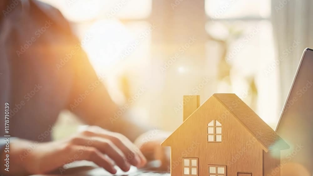 A close-up of a wooden house model with stacked coins symbolizing property investment and financial planning. A laptop and business documents in the background emphasize the digital and analytical