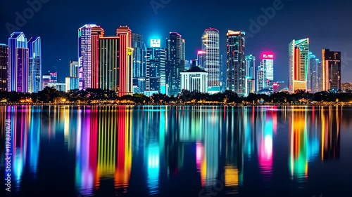 Wallpaper Mural City Skyline Illuminated at Night, Skyscrapers with bright, neon lights reflecting off water at night Torontodigital.ca