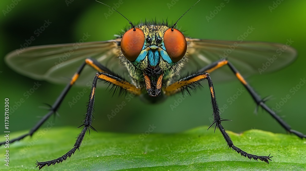 Naklejka premium Colorful fly macro, green leaf background, nature detail, wildlife photography, science education.