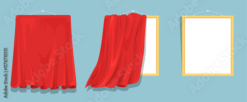 Blank picture canvas covered with red satin silk curtains and without drapes vector illustration. Concept of presentation and exhibition