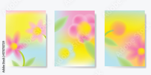 Abstract colorful gradient flower card background set. Minimalist poster with flower blurred texture. Modern summer and spring wallpaper design for home decoration, website, banner, ads.