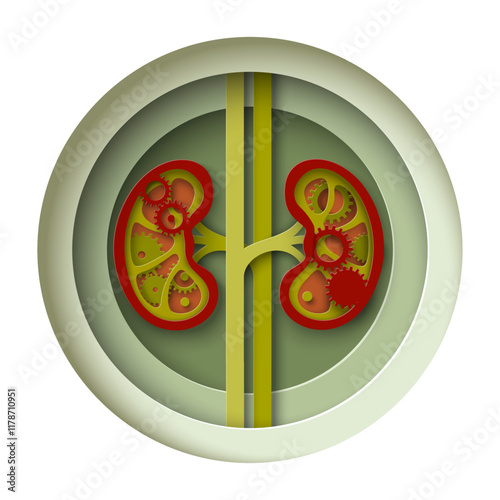 Human kidney internal organ gear cogwheels work process creative paper cut craft anatomical vector illustration