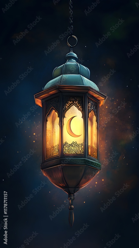 Lantern and a crescent moon for Eid Mubarak and Ramadan Kareem on a black background, with copy space for text Lantern and a crescent moon for Eid Mubarak and Ramadan Kareem on a black background, with copy space for text