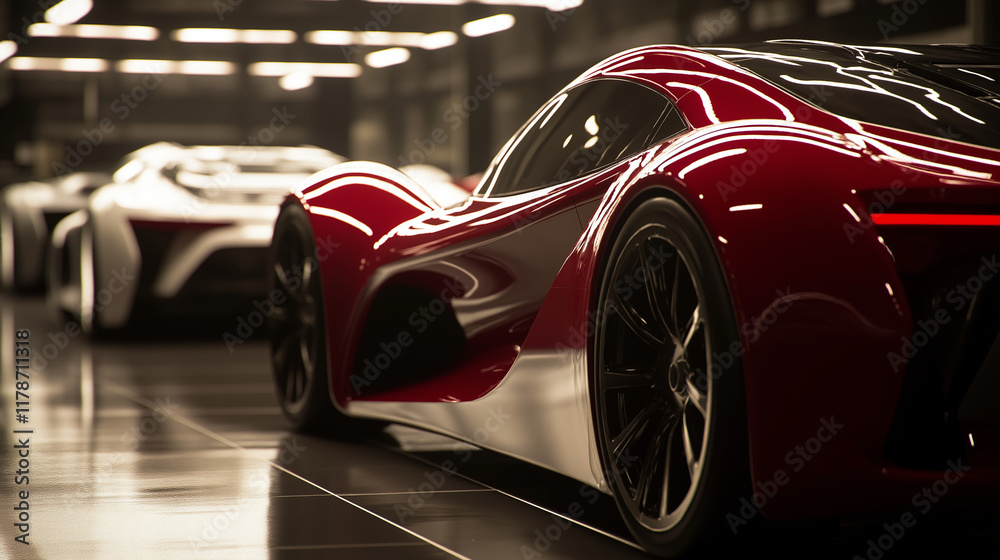 Obraz premium Modern cars elegantly arranged in an industrial showroom, showcasing sleek designs and advanced technology, embodying innovation and automotive excellence.