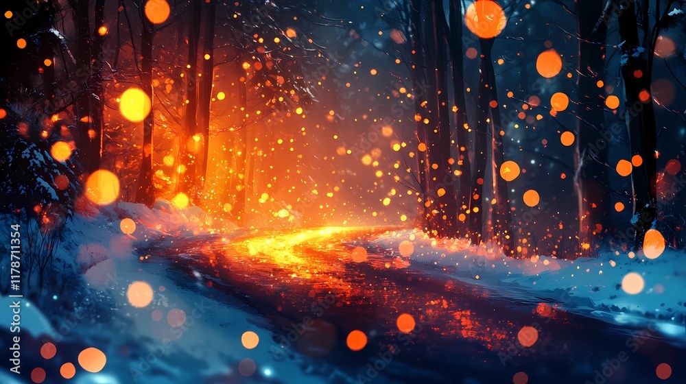 Obraz premium Soft blurred bokeh lights twinkling gently above a quiet forest road covered in snow evoking a tranquil seasonal holiday ambiance