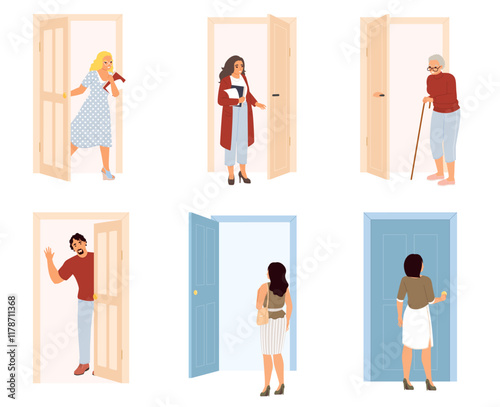 Adult people characters looking inside, standing near, knocking or ringing doorbell or peeking out behind home apartment or office doors isolated set vector illustration