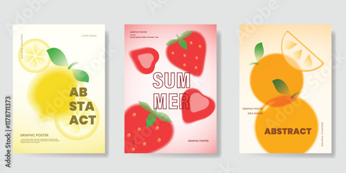 Abstract colorful gradient fruit card background set. Minimalist poster with lemon, watermelon, orange. Modern summer and spring wallpaper design for home decoration, banner, ads.