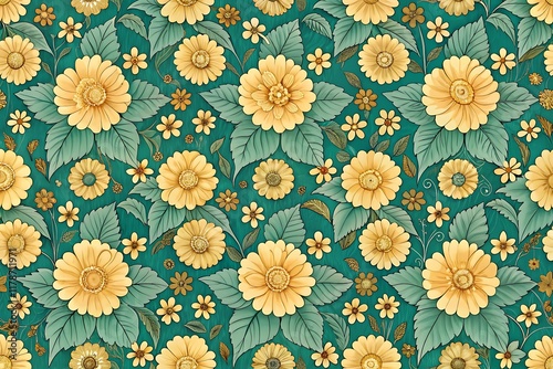 Seamless Floral Pattern with Yellow Flowers and Green Leaves