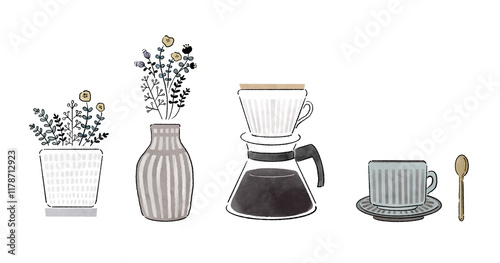 Konstfotografi コーヒーカップとドリッパーと花瓶と植物のオシャレなリラックスアイテムのセットイラスト