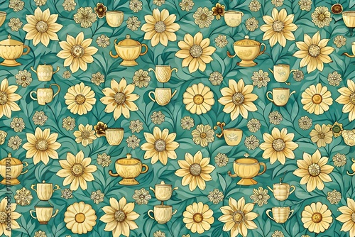 Seamless Floral Pattern with Yellow Flowers and Green Leaves