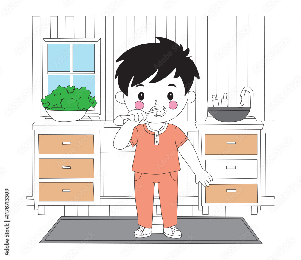 Cute Boy Brushing Teeth Outline Coloring Page. Cute Boy Brushing Teeth Fun Outline Coloring Page for Kids. isolated on white background. linear sketch. Cute Boy Brushing Teeth Outline Coloring Page. Cute Boy Brushing Teeth Fun Outline Coloring Page for Kids. isolated on white background. linear sketch.