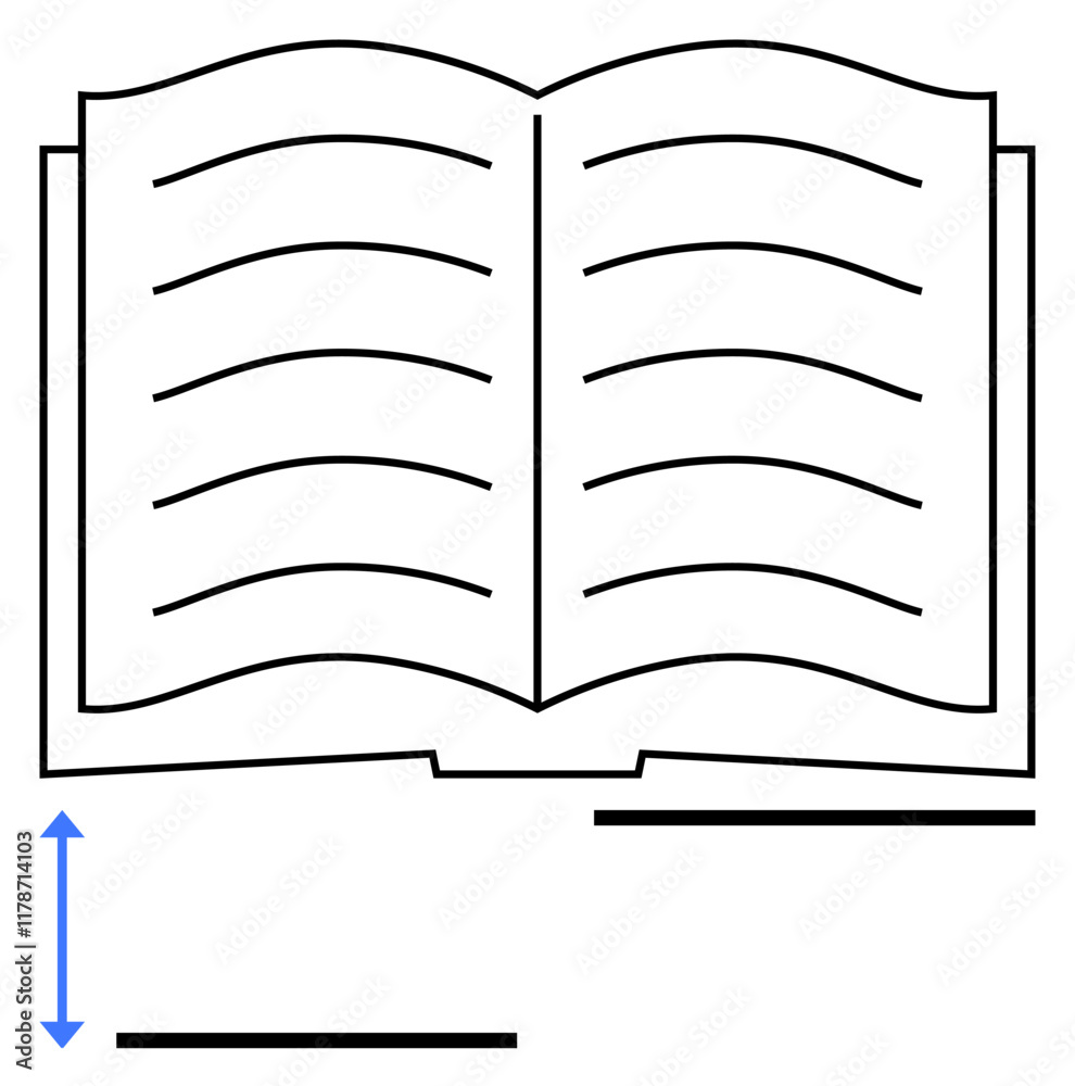 Open book with lined pages, horizontal measurement arrow below, and abstract shapes. Ideal for publishing, education, design, reading, learning, analysis abstract line flat metaphor Open book with lined pages, horizontal measurement arrow below, and abstract shapes. Ideal for publishing, education, design, reading, learning, analysis abstract line flat metaphor