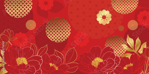 Chinese new year 2025 luxury pattern background vector. Oriental peony flower gold line art texture on red background. Design illustration for wallpaper, card, poster, packaging, advertising.