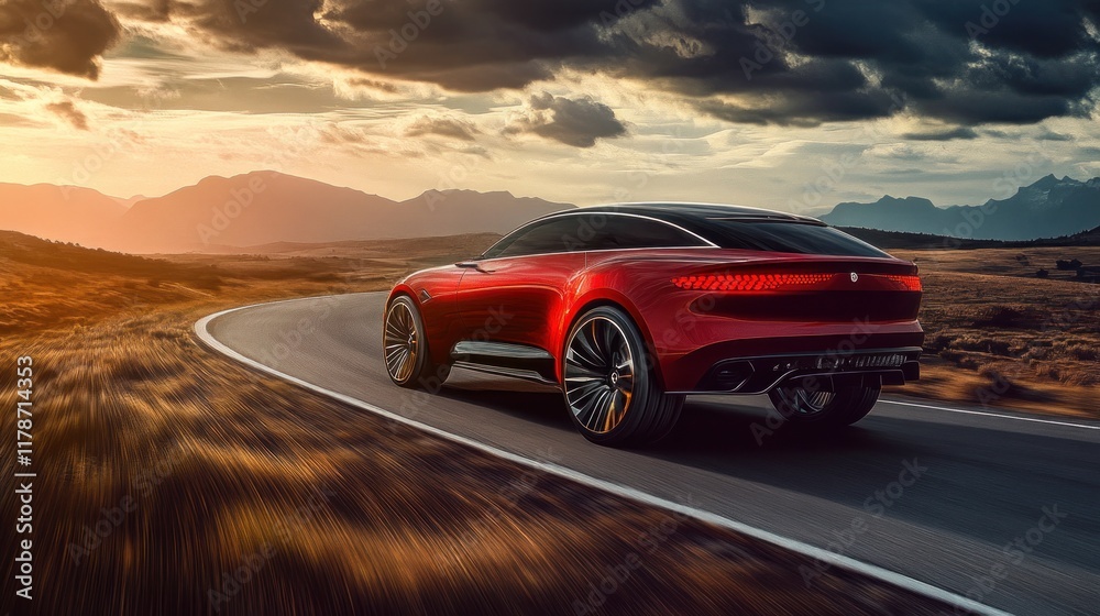 Naklejka premium Red sports utility vehicle driving on a scenic mountain road during sunset.