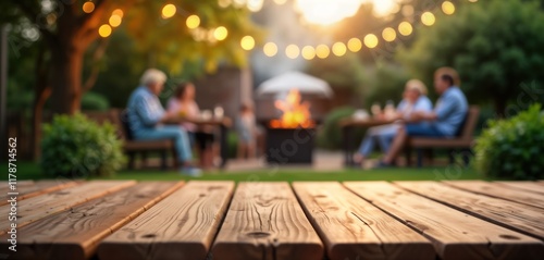 Fototapeta Naklejka Na Ścianę i Meble -  Empty wooden table outdoors in garden. Blurred background shows people enjoying barbecue. Sunny day with warm lighting. Patio setting perfect for summer cookout. Family gathering outdoors.