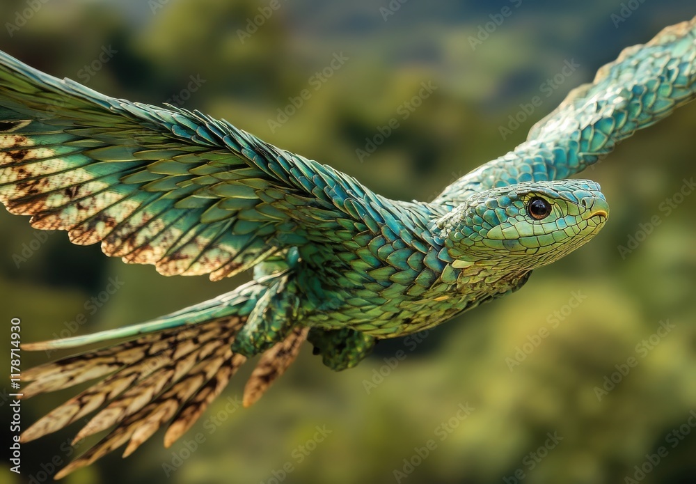 Obraz premium Majestic Green Winged Creature Soaring Through Verdant Landscape Captivating Display of Nature's Beauty in Vibrant Colorful Feathers and Graceful Flight
