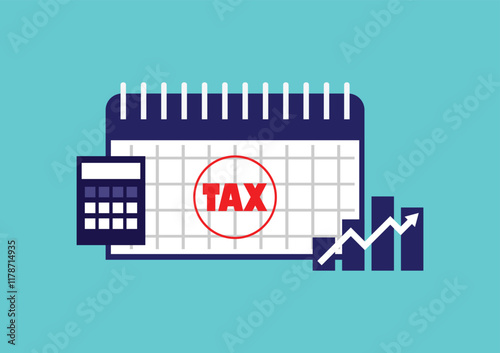 Business and financial concept. Graph, upper arrow, calendar tax, and calculator on a blue background.
