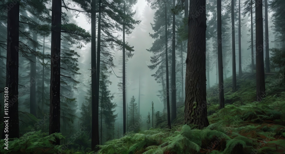 Fototapeta premium Misty Forest Path, Enchanting Nature Scene