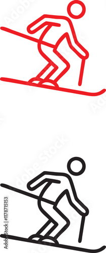 Minimalist ski icon, red and black versions, simple line drawing, stick figure skier, downhill slope, dynamic pose, winter sports symbol, graphic design element, clean lines, stylized representation, 