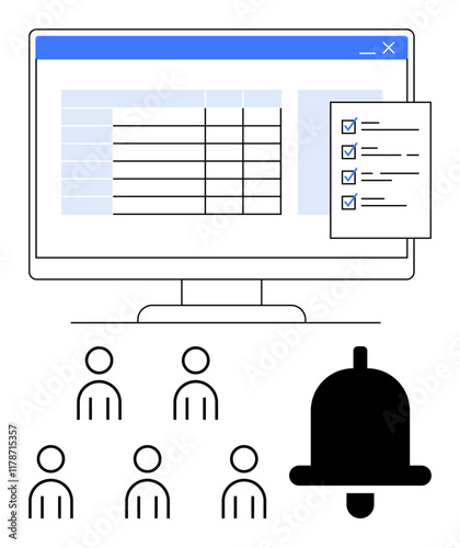 Computer screen with spreadsheet and checklist, six user icons, bell notification symbol. Ideal for productivity tools, project management, team collaboration, user engagement, task tracking