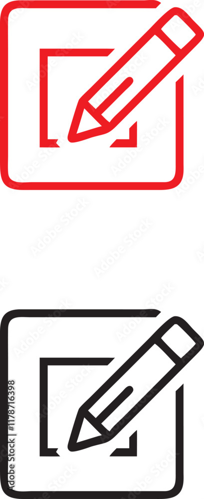 Red icon, white background, square shape, pencil symbol, writing tool, simple design, minimalist illustration, bold outline, graphic element, user interface, edit icon, note-taking symbol, black and w