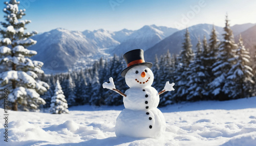 Snowman standing in a beautiful snowy winter landscape with pine trees and mountains, symbolizing holiday, winter fun, and the festive season. photo