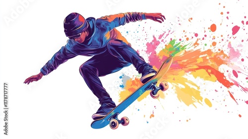 Skater in mid-air, vibrant paint splash.