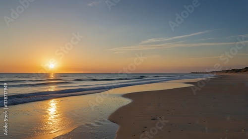 Wallpaper Mural serene beach at sunrise, golden sands, and calm blue waters symbolizing summer tranquility Torontodigital.ca