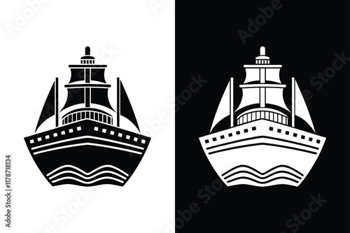 Nautical Clipart Collection. Ship Front Silhouette Icons in Black and White