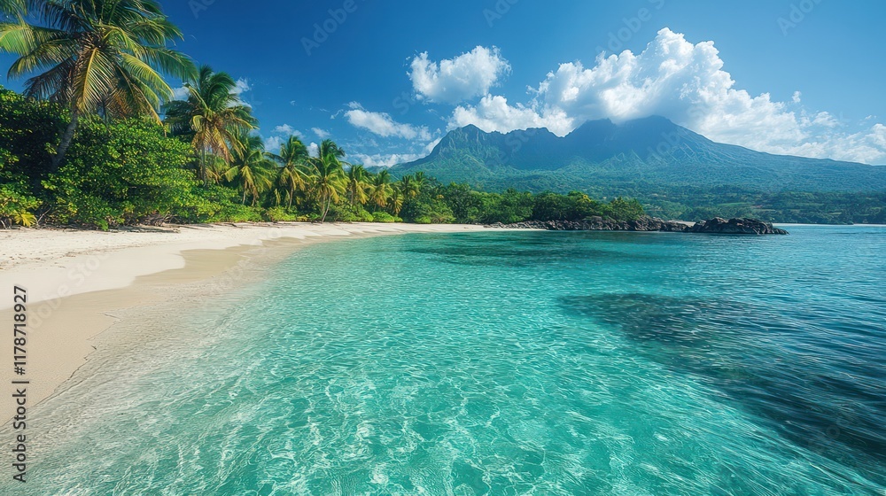 Fototapeta premium Serene Tropical Beach Paradise: Unveiling the Turquoise Waters and Majestic Mountain Views