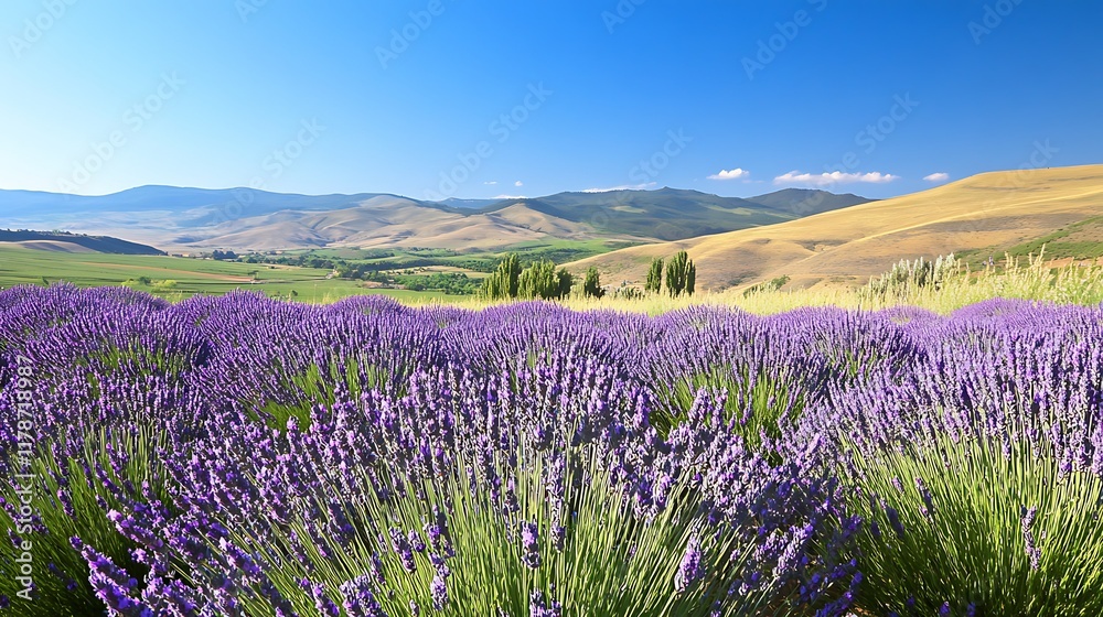 Naklejka premium Lavender field, sunny hills, summer landscape, scenic view, peaceful nature.