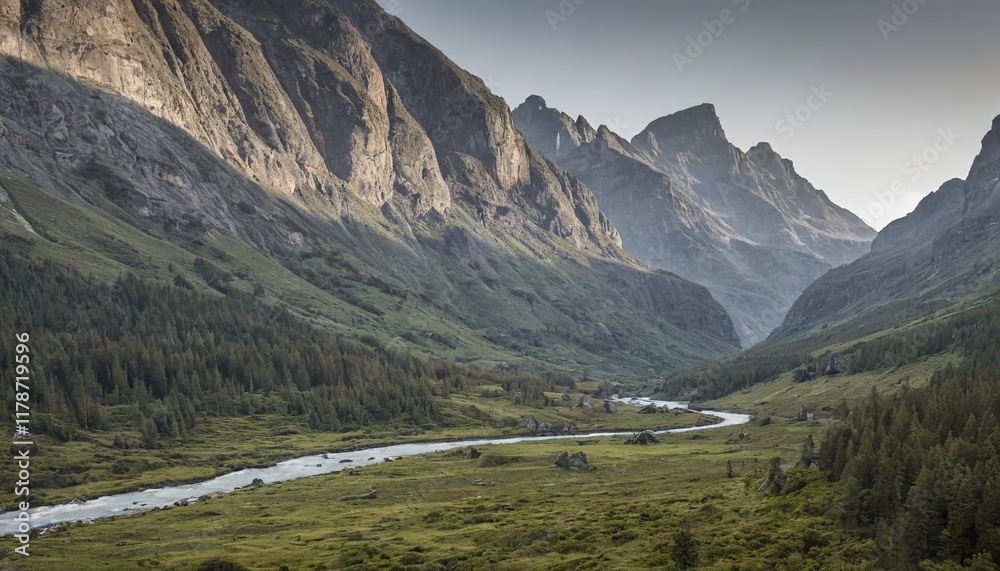 Mountain valley with river winding through lush green meadows. Mountain valley with river winding through lush green meadows.