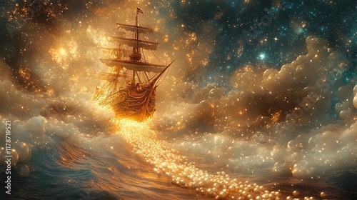 A radiant ladder of pearls climbing from the ocean to a golden fantasy ship photo