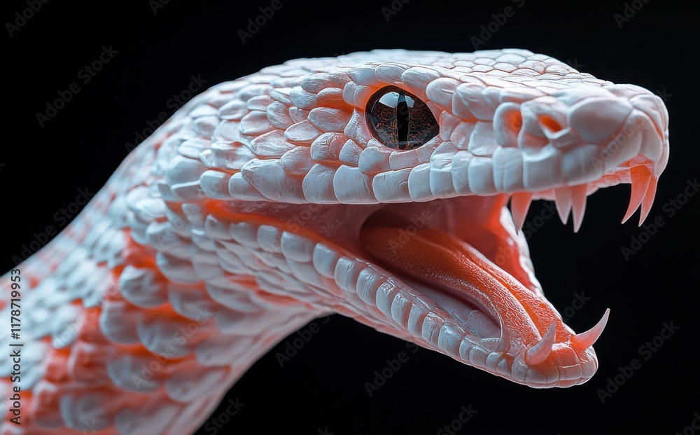 Fototapeta premium Striking Close-Up of a Beautiful Colorful Snake with Open Mouth Displaying Fangs, Captured Against a Dark Background for Wildlife Enthusiasts and Educators