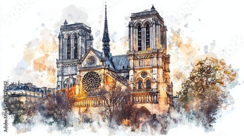 Notre Dame Cathedral  Paris Watercolor Painting  Gothic Architecture  France