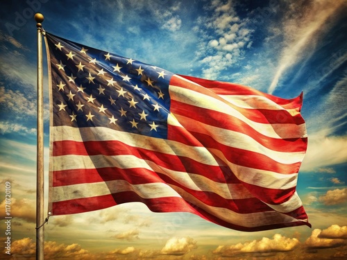 A waving American flag, a patriotic vintage image, Old Glory, symbolizes the USA's Independence Day spirit.
