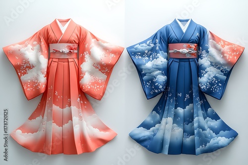 Two exquisite Japanese Kimonos, coral and navy, adorned with delicate clouds and cherry blossoms.