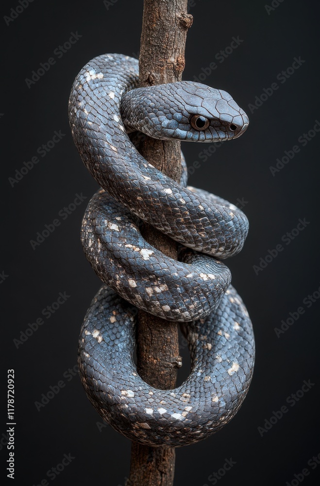 Stunning Close-Up of a Coiled Snake Resting on a Branch, Showcasing Intricate Scales and Unique Color Patterns in a Natural Environment Stunning Close-Up of a Coiled Snake Resting on a Branch, Showcasing Intricate Scales and Unique Color Patterns in a Natural Environment