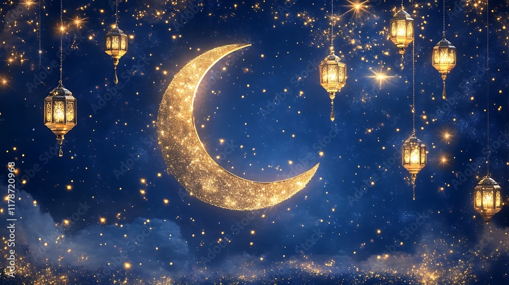 Naklejka premium Golden Crescent Moon and Lanterns: A Sparkling Night Scene