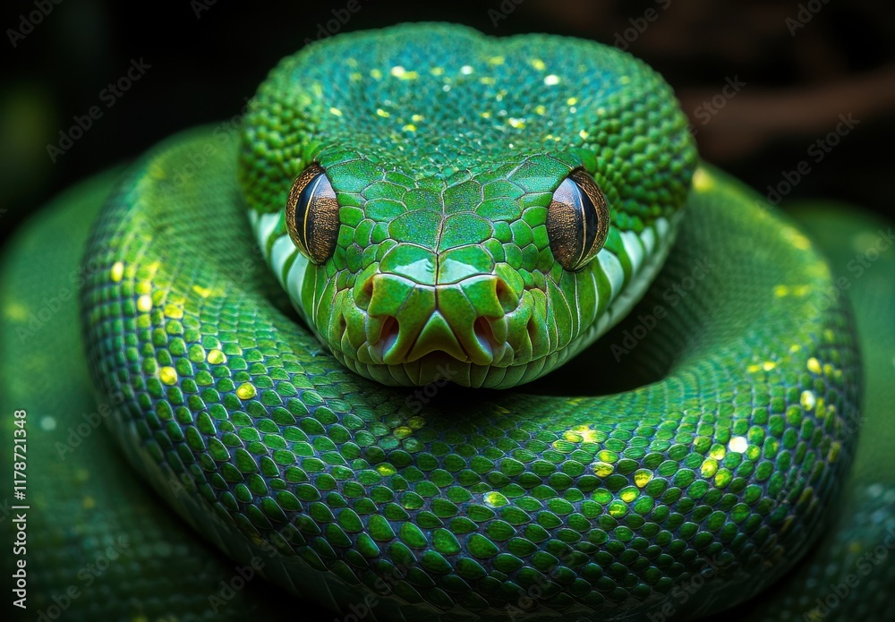 Stunning Close-Up of a Green Tree Python with Vibrant Scales and Expressive Eyes Displaying Natural Beauty and Intricate Details in a Dark Environment Stunning Close-Up of a Green Tree Python with Vibrant Scales and Expressive Eyes Displaying Natural Beauty and Intricate Details in a Dark Environment