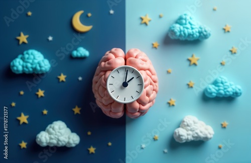 Illustration shows brain model with clock on. Night, day symbols on dual-toned background illustrate circadian rhythms. Concept image for sleep cycle, biological clock, health. Modern design for