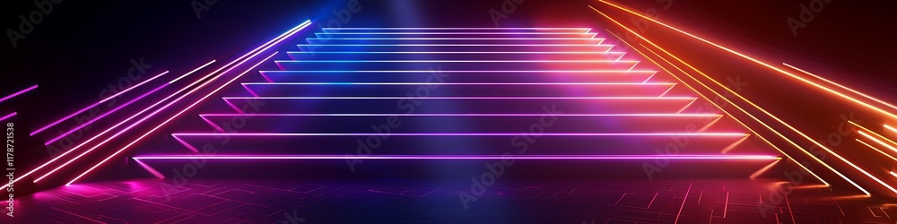Dark abstract background with vibrant neon stairs and glowing lines, creating an illuminated stage effect. Dark abstract background with vibrant neon stairs and glowing lines, creating an illuminated stage effect.