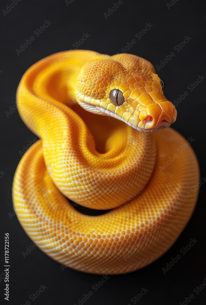 Stunning Close-Up of a Vibrant Yellow Snake with Intricate Scales and a Engaging Expression on a Dark Background for Nature Enthusiasts and Wildlife Lovers