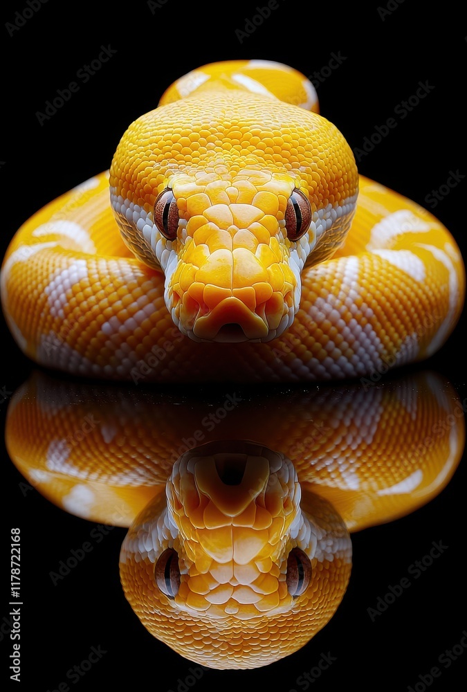 Fototapeta premium Stunning Close-Up of a Vibrant Yellow Snake with Striking Patterns Reflecting on a Black Surface, Showcasing Its Unique Features and Textures