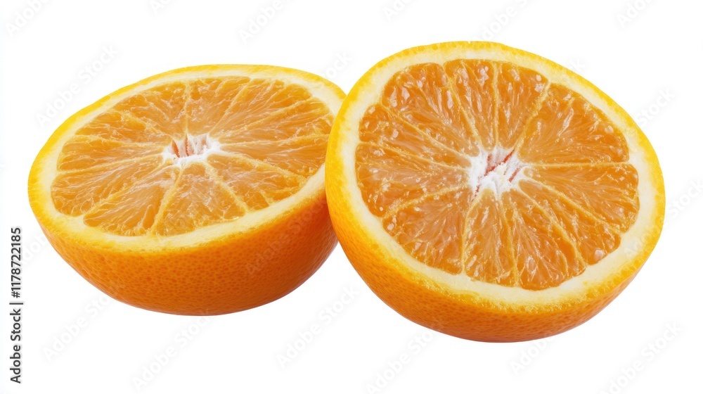 Two halves of a juicy orange, segmented and ripe, isolated on white background. Two halves of a juicy orange, segmented and ripe, isolated on white background.