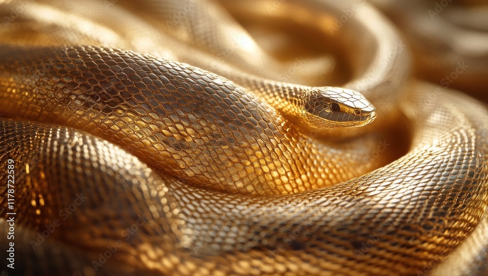 Fototapeta premium Stunning golden snake with intricate scales reflecting light in a soft focus background, showcasing a luxurious and mesmerizing texture that captures attention.