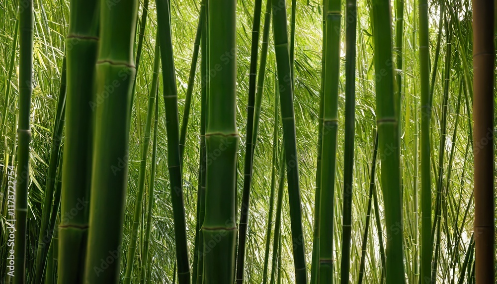 Fototapeta premium Lush green bamboo stalks densely packed together, sunlight filtering through.