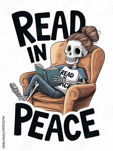 Fun and spooky artwork with a skeleton lounging and the pun filled text read in peace. Print on demand design with a funny catchy text slogan isolated on a white background. photo