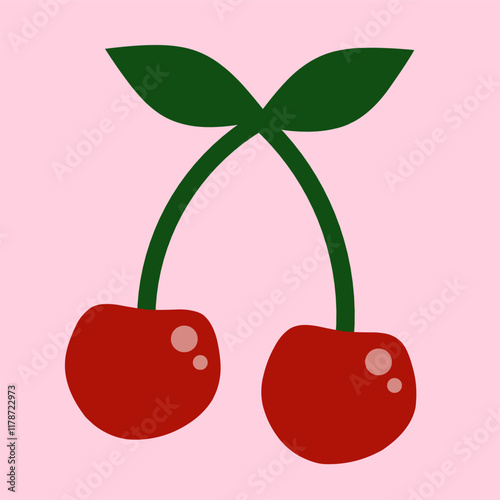 Illustration of Red Cherries with stems and leaves. Prunus avium, wild cherry, sweet cherry.